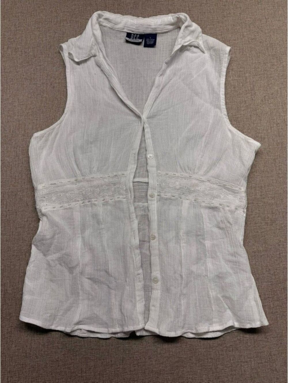 DCC Missy White Cotton Gauze Sleeveless Button Front Blouse Lace Trim Size L